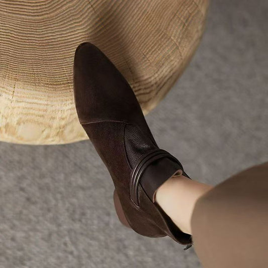 Retro Suede Pointed Toe Chunky Heel Ankle Boots